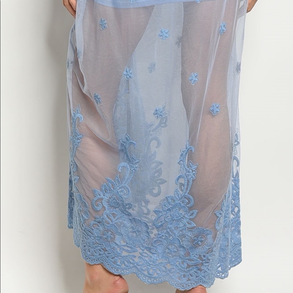 New Light Blue V Neck Side Slit Lace Maxi Dress - Picture 4 of 7